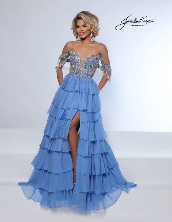 Light blue perwinkle off-the-shoulder gown with crystal beaded bodice, fringe sleeves, and layered chiffon skirt - perfect for pageants, homecoming court, prom, or formal events.